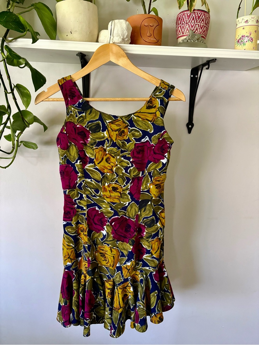 Floral Scoop Neck Sleeveless Dress in Navy with Fuchsia & Mustard Roses
